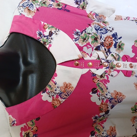 Vintage 80s Collared Blouse Pink/blue/white, cap sleeve,  stretchy,  M - Picture 2 of 4